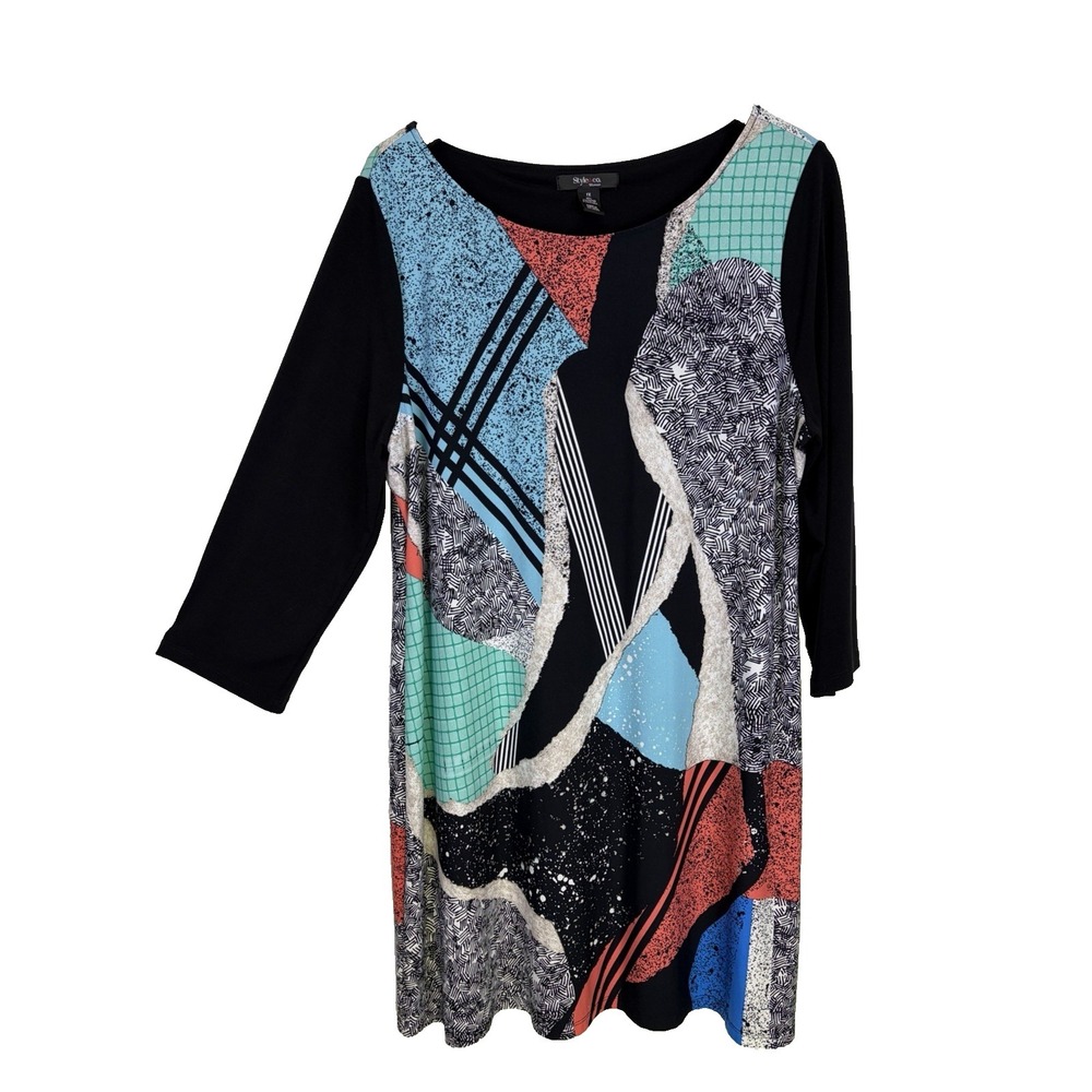 Style & Co. Woman's Tunic Dress Size 1X Black Blue Geometric Art to Wear Artsy